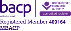Logo of BACP (British Association for Counselling and Psychotherapy) with registered member number